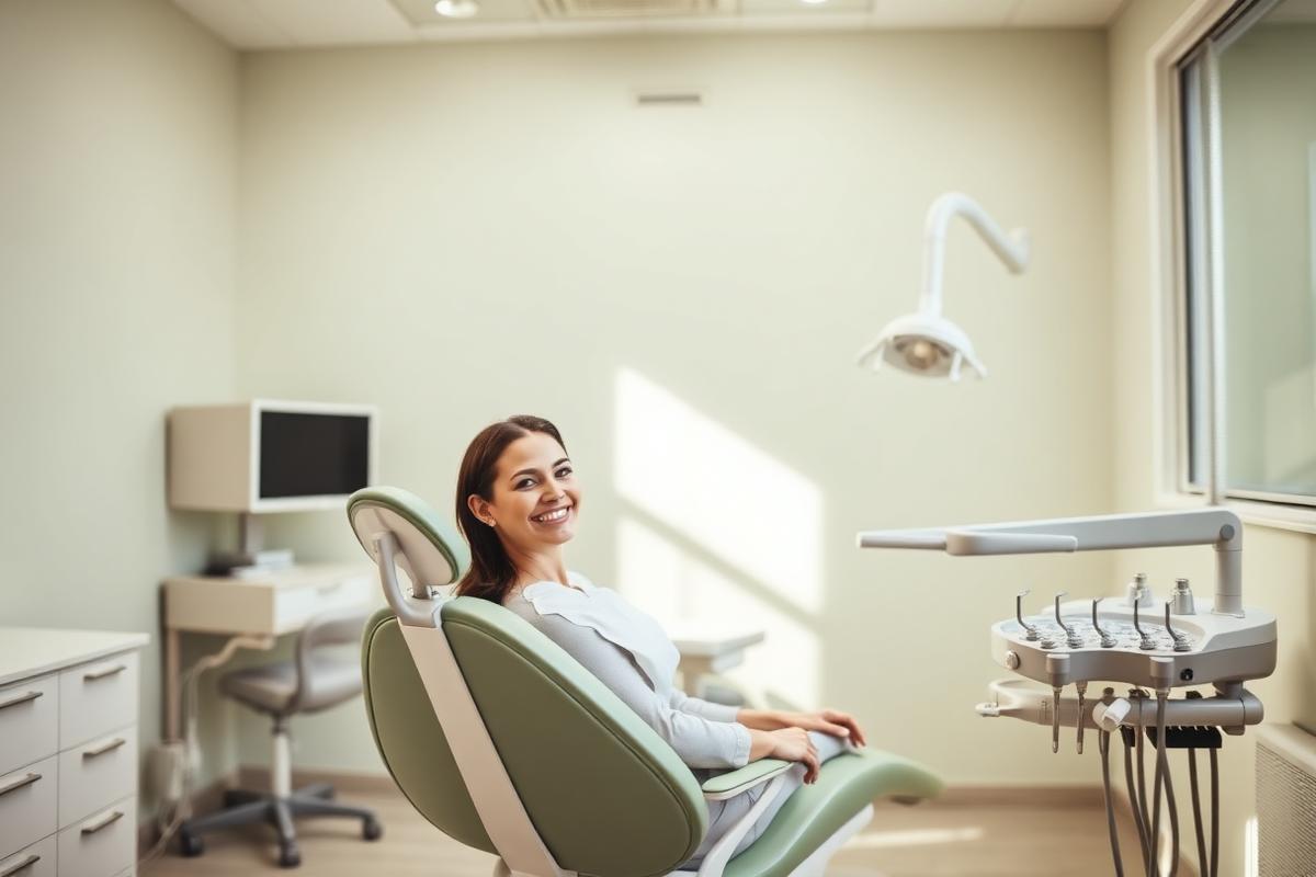 Bright, calm dental clinic interior with a smiling patient
